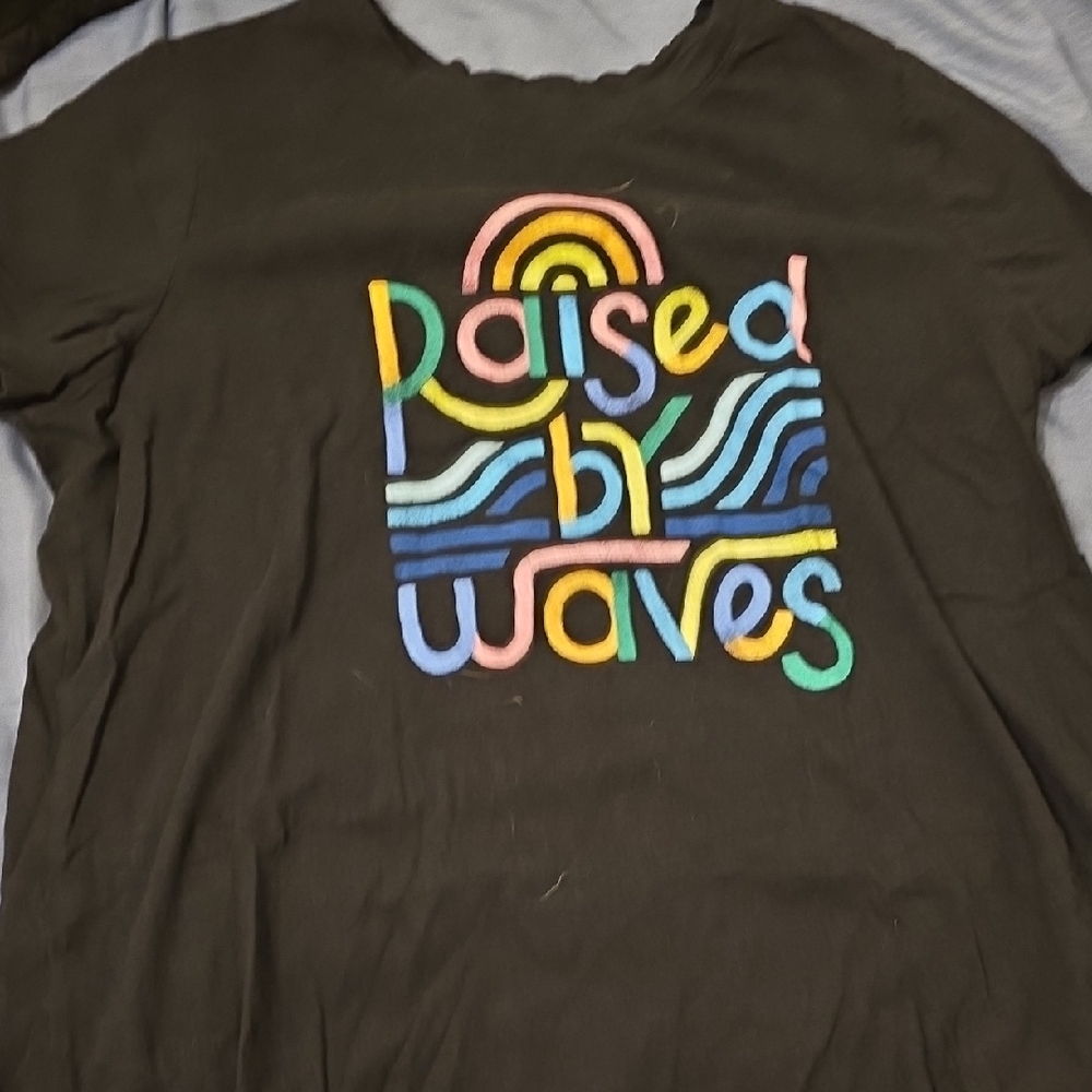 Old Navy Black Tee with Multicolor Raised 'Raised by Waves' Graphic